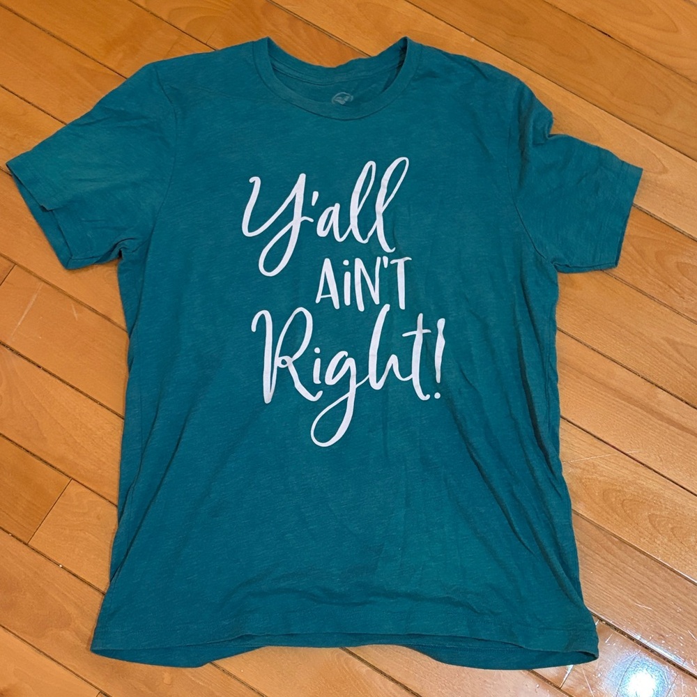 Teal Graphic T-Shirt with Pink Text